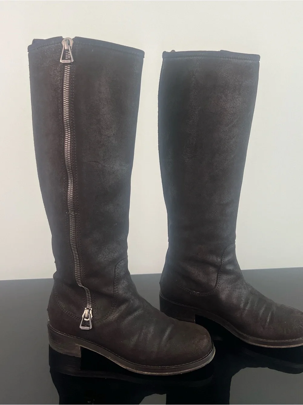 Jimmy Choo Women’s Doreen Biker Rugged Leather Suede Tall Boots, Brown, 36EU